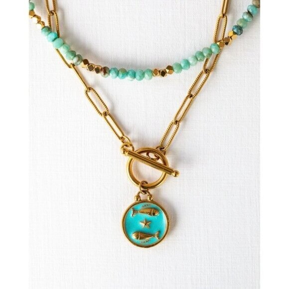 Zodiac Pendant Necklace Waterproof Gold Toggle Clasp Turquoise pendant Necklace - Picture 12 of 16